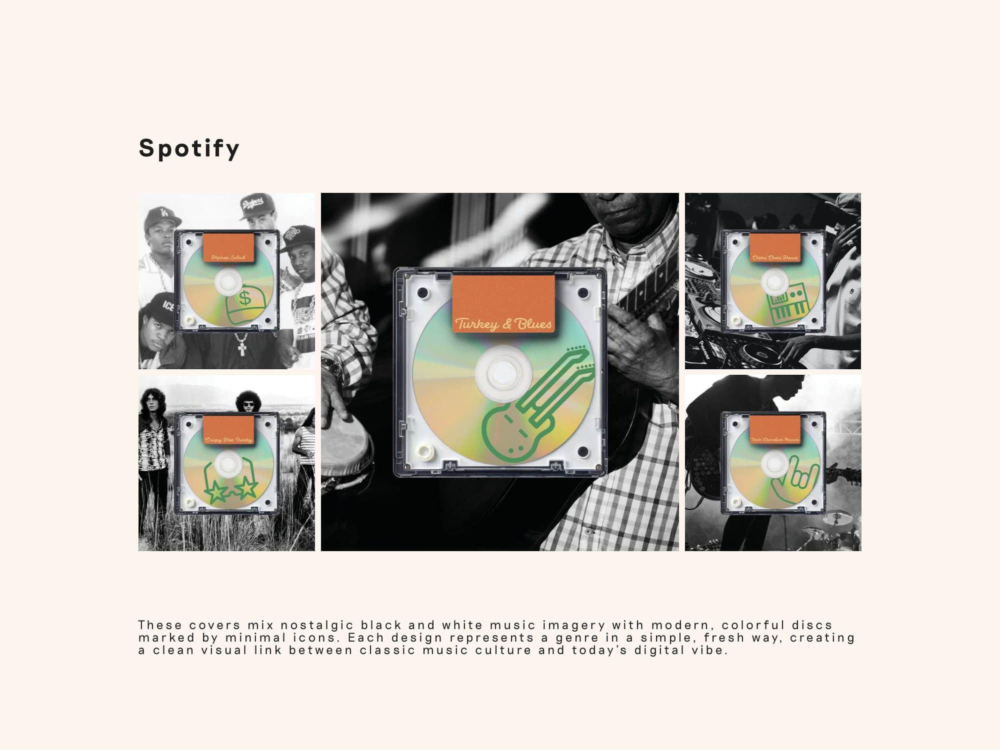 Spotify genre covers pairing archive photography with coloured discs
