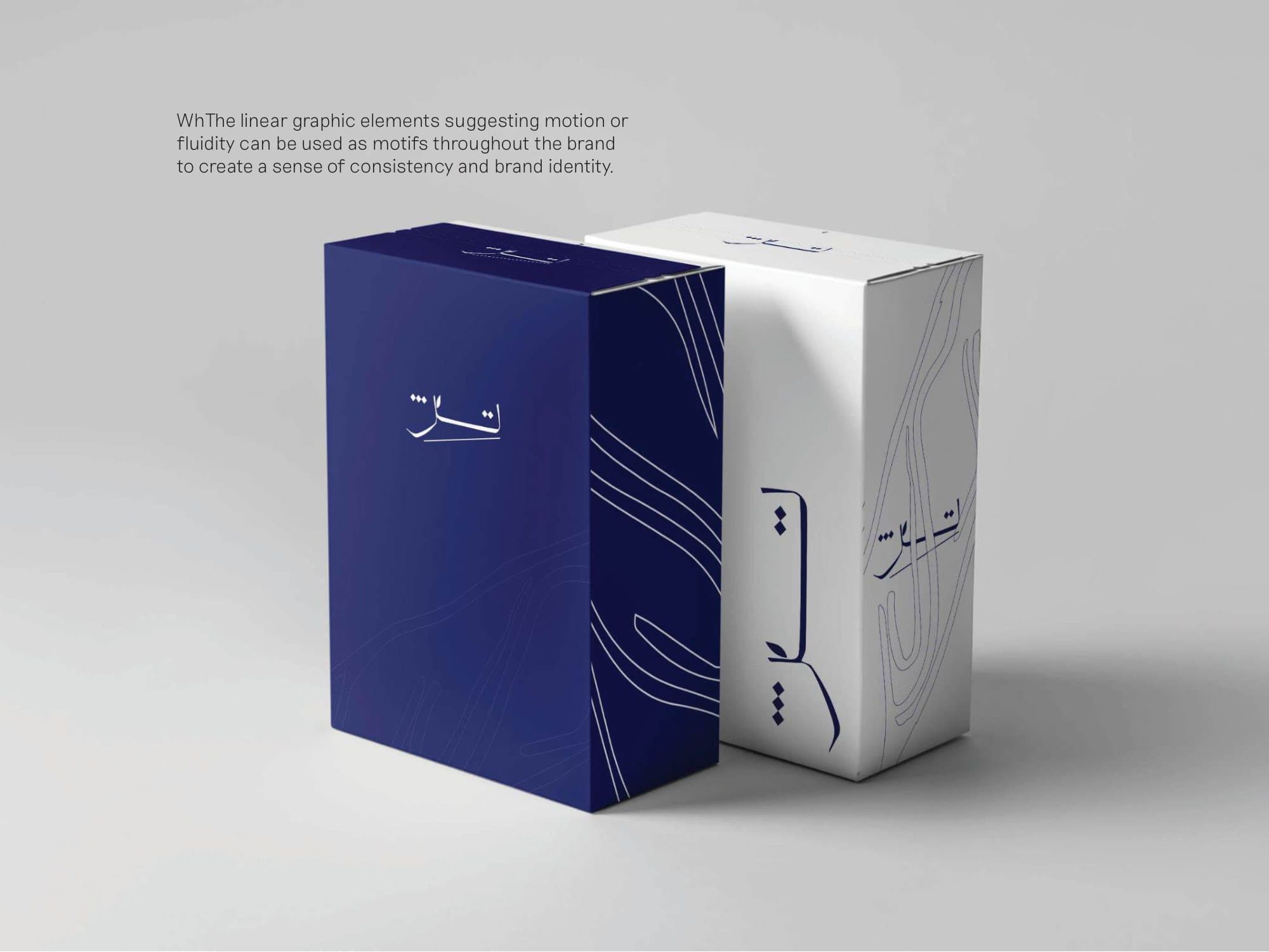 Packaging in navy and white with linear motifs